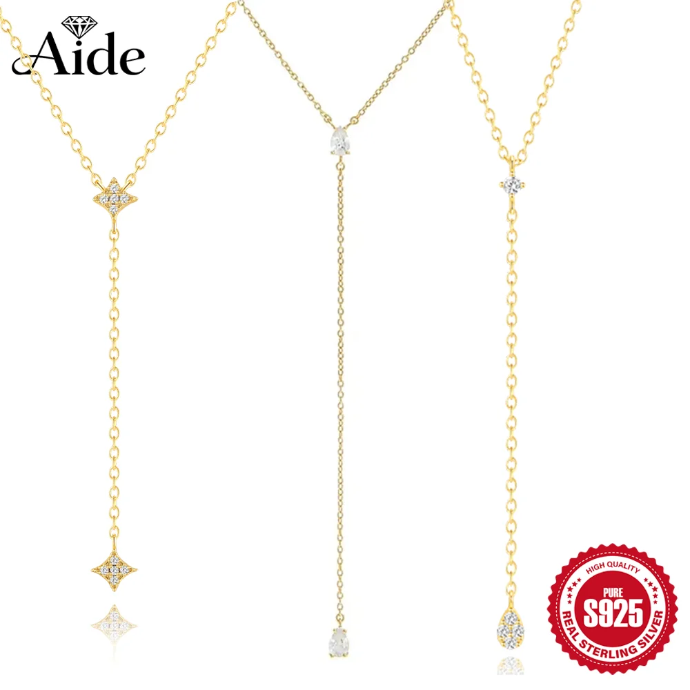 Aide 925 Sterling Silver Elegant Y Shape Necklace For Women Temperament Long Chain Tassel Water Drop CZ Zircon Pendant Necklace