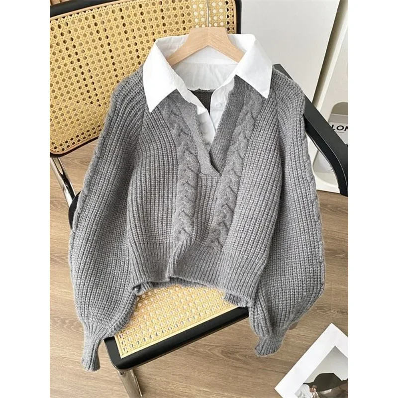 Two-Piece Illusionshirt Sweater Women's Autumn/Winter 2024 New Design Sensibility Nichelapel Loose-Fit Outer Wear Knitted Top