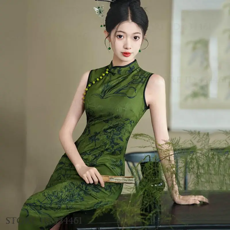 

New Chinese Style Women's Dresses Long Cheongsam Sexy Slim Split Sleevelss Qipao Retro Classic Print Flower Vestidos Party Dress