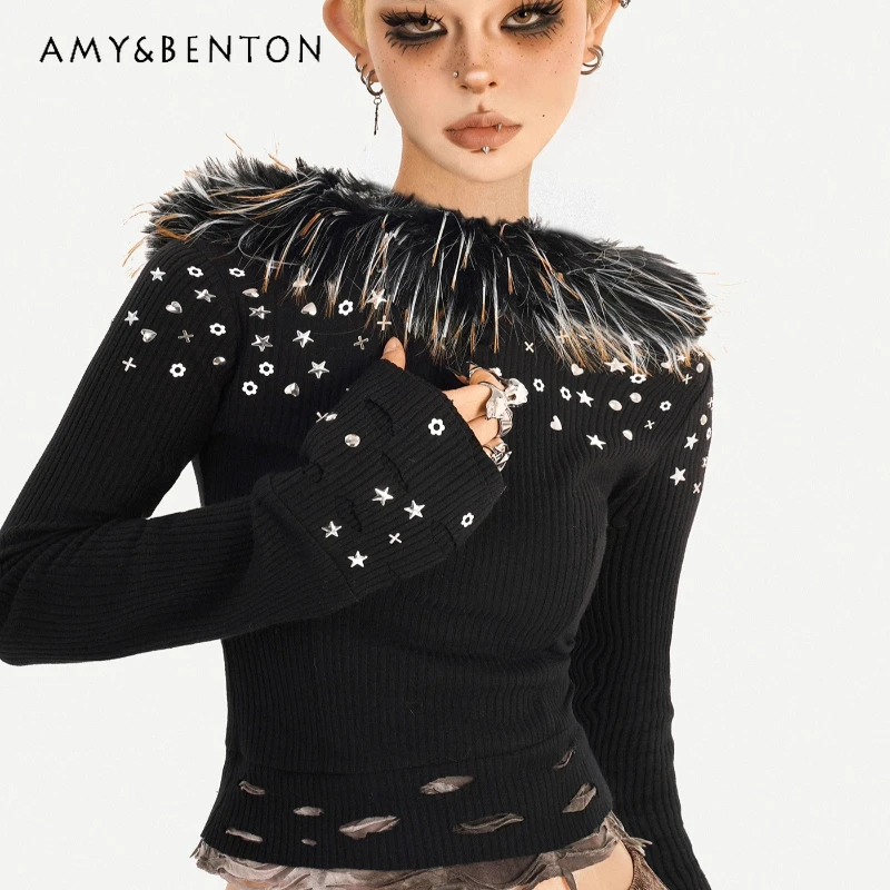 

Autumn Winter New Original Fur Collar Design Hot Girl Long Sleeve Women's T-shirt Gothic Dark Slimming Metal Punk Tops Ladies