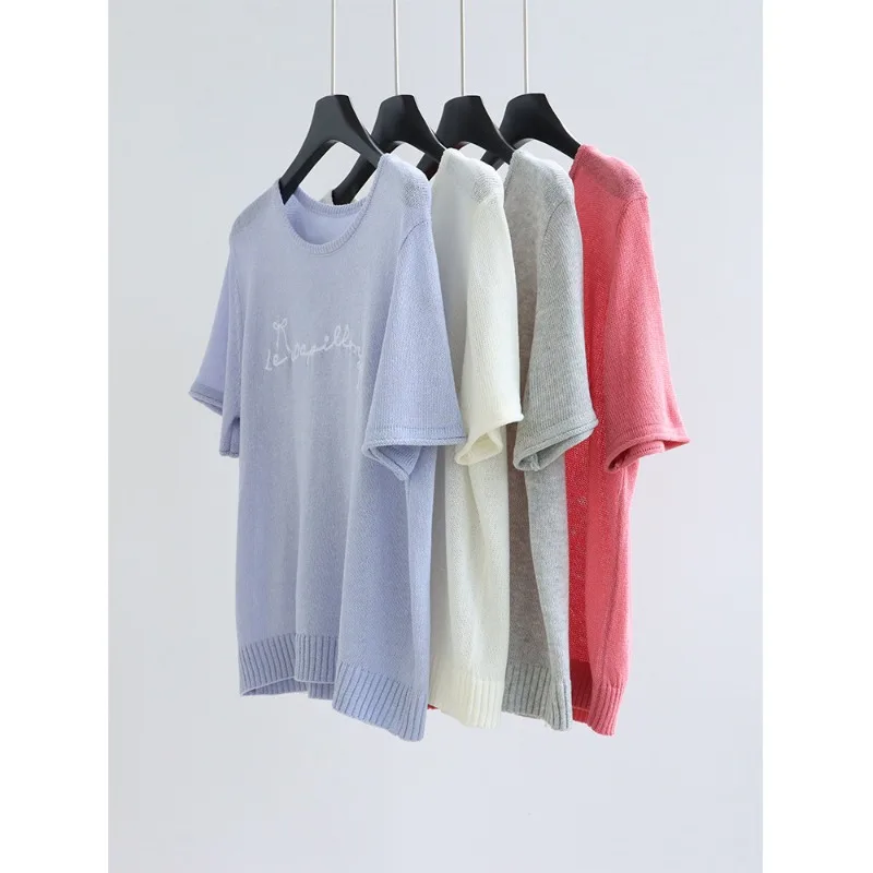 

Summer loose linen short-sleeved sweater crew-neck pullover top embroidery Pullovers Tees