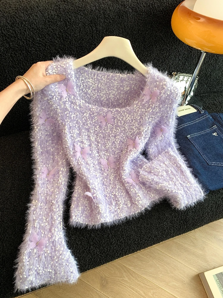 

Three-dimensional nail bead butterfly design knitted sweater women autumn and winter sweet square neck short style top
