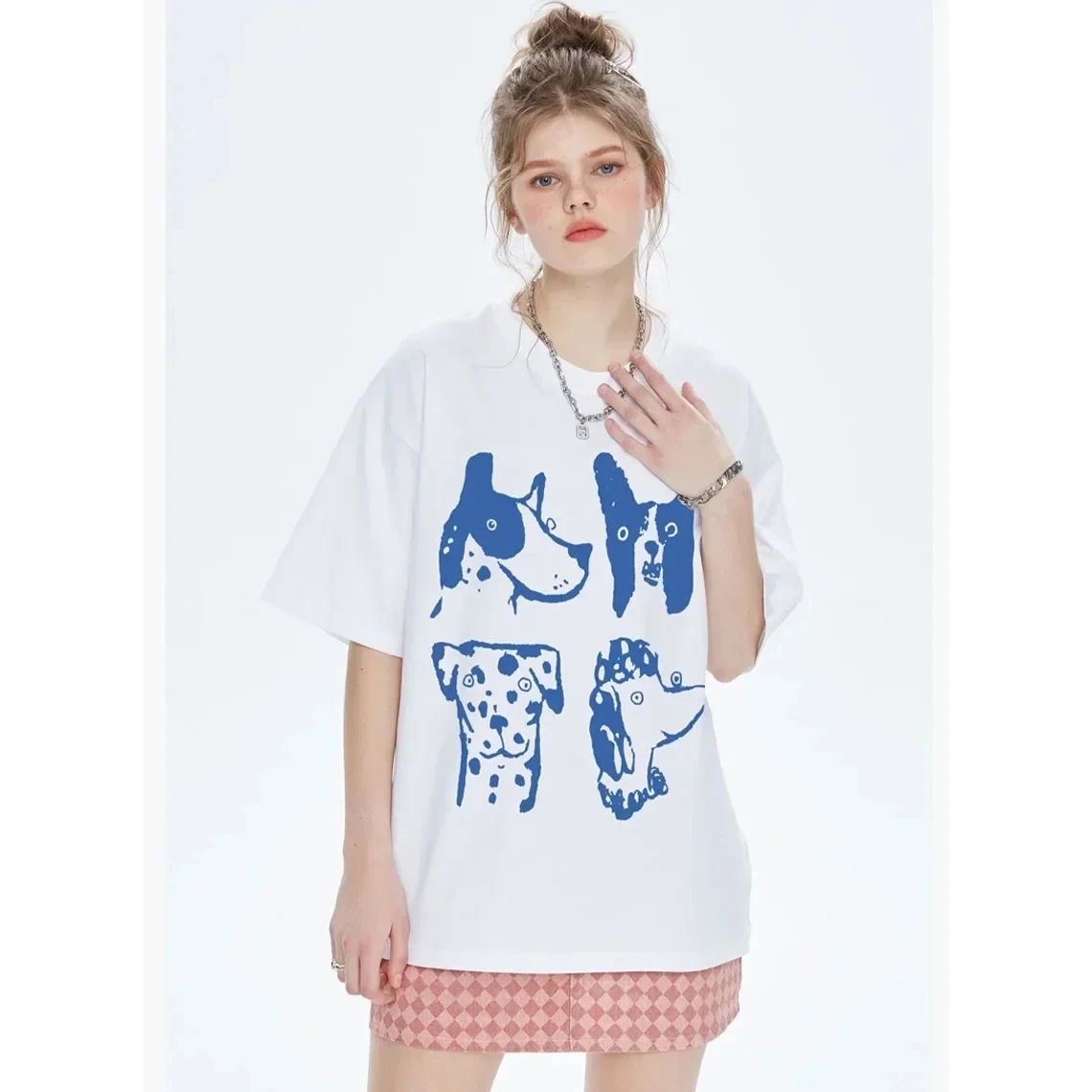 Funny Women Short Sleeve Loose Cotton Casual Tops Cartoon Dogs Printing Kpop White T Shirts Crewneck Dog Lover\'s Tees Streetwear