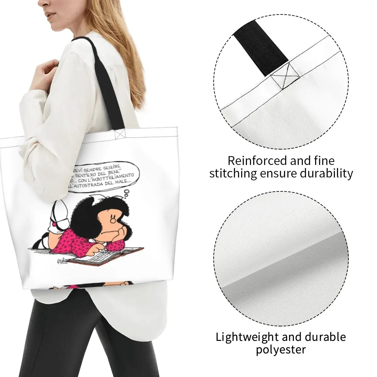 Riciclaggio personalizzato Cute Mafalda Is Reading Shopping Bag CanvasTote Bag durevole Quino Comic Cartoon generi alimentari Shopper Bags