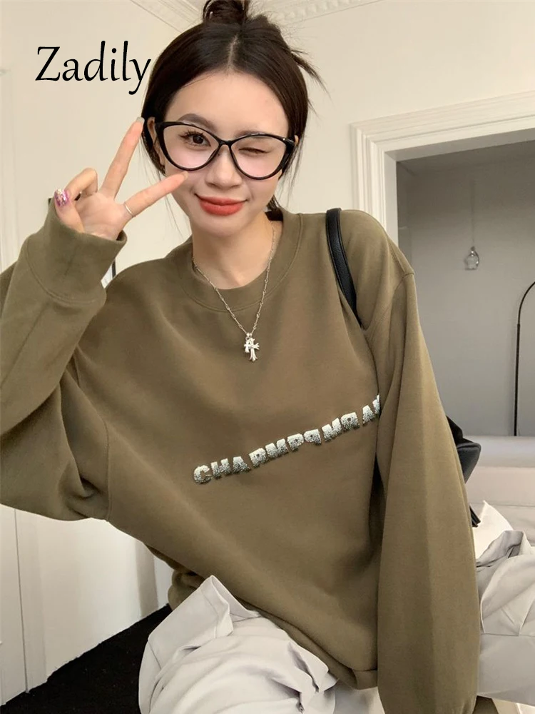 Zadily 2023 Autumn Minimalist Long Sleeve Women Pullover Korea Style Oversize Letter Embroidery O Neck Sweatshirt Casual Tops