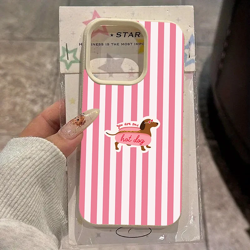 Funda de silicona con textura de lichi y diseño de perrito teckel rosa a rayas para iPhone 11 12 13 14 15 16 17 Pro Max 14 Plus 17 Air