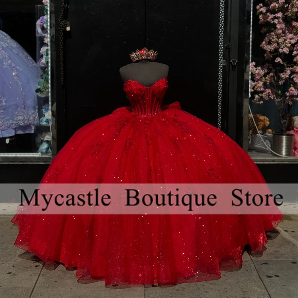 

New Arrivals Red Tulle Appliques Quinceanera Dress 2025 With Bow Sweetheart Sweet 16 Dress Lace-up Vestidos De Años Quinceanera