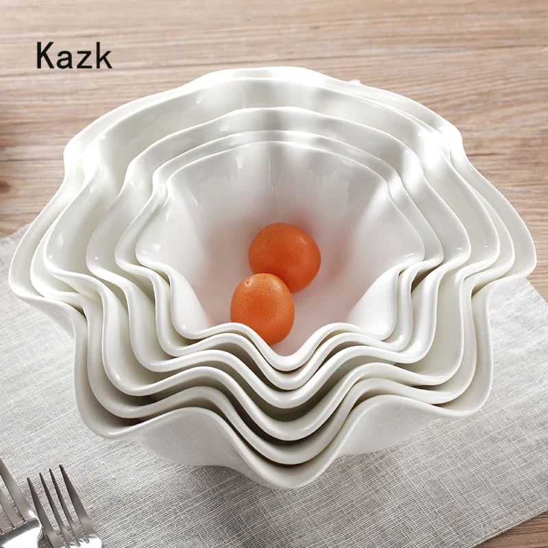 Creative Wave Edge Ceramic Bowl Korean Style Simple White Frosted Household Tableware Dessert Ice Cream Serving Bowls Salad Bowl