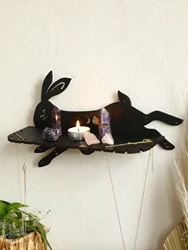 Gothic Black Running Rabbit Wall Shelf Wooden Floating Shelves Boho Home Deocr Moon Phase Crystal Shelf Ledge Bedroom Decoration