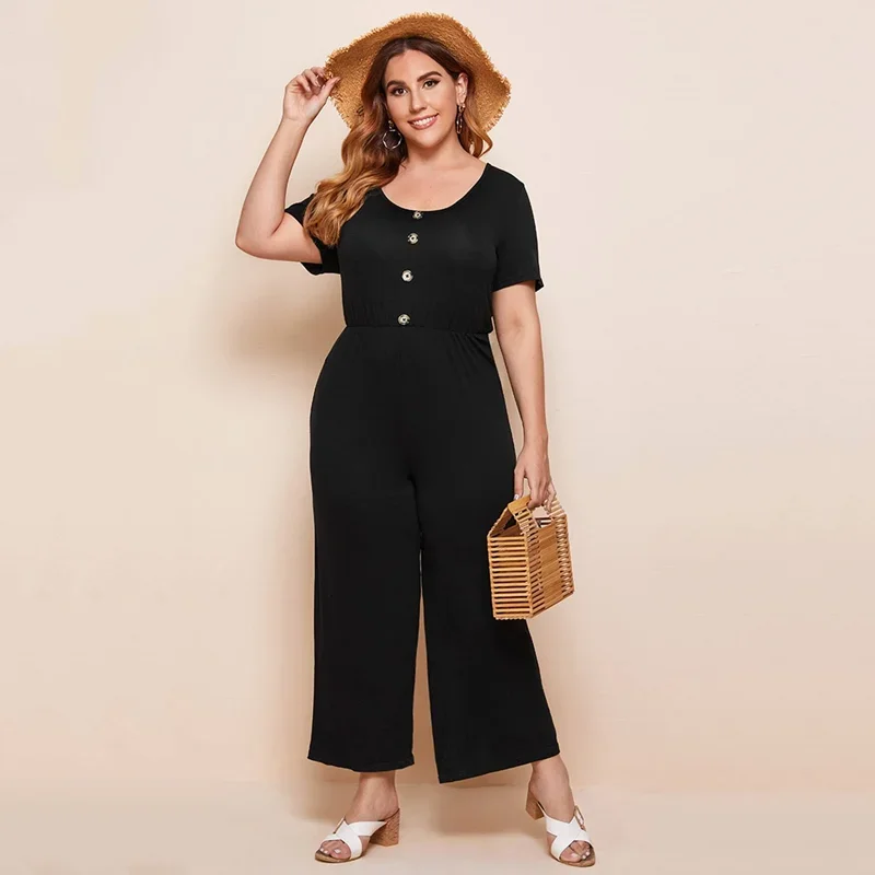 Plus Size Deep V-neck Back Summer Elegant Jumpsuits Short Sleeve Button Front Elastic Waist Casual Wide Leg Jumpsuits 6XL 7XL 8X