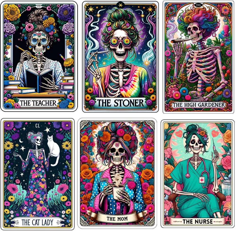 Bunte Skelett-Tarotkarten-Aufbügeltransfers: Der Lehrer, Stoner, Mama, Krankenschwester – DTF-Transfers, Vintage-Blumen-Totenkopf-Aufbügelbilder