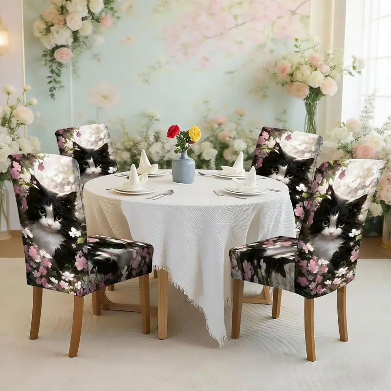 

Набор чехлов для обеденных стульев с плоским принтом и эластичной резинкой, черно-белый узор с пушистыми котятами, легко устанавливается, можно стирать, чехол для стула.