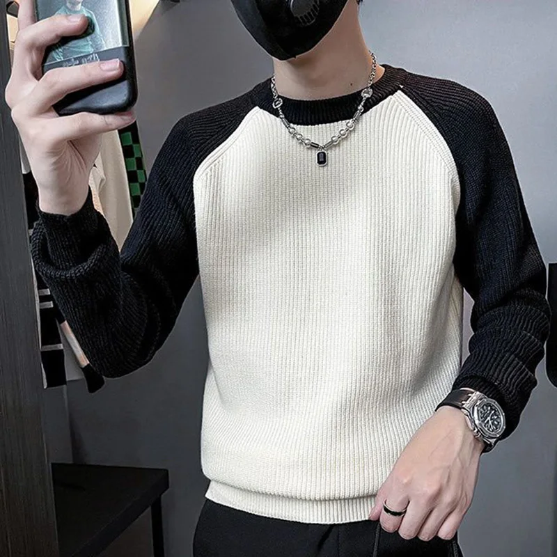 

Fashion O-Neck Knitted Spliced Loose Korean Sweater Men's Clothing 2023 Autumn New Oversized Casual Pullovers All-match Tops