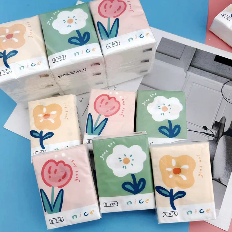 9 confezioni di fazzoletti di carta con fiori di cartone animato carino, piccoli tovaglioli portatili in pasta di legno vergine, asciugamani in tessuto per il viso