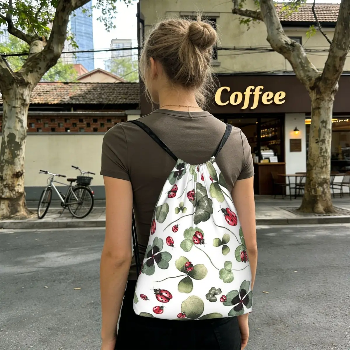 

Cute Ladybug On The Four Leaf Grass Backpacks Multi-function Drawstring Bags Shoes Bag Book Bags for Travel School