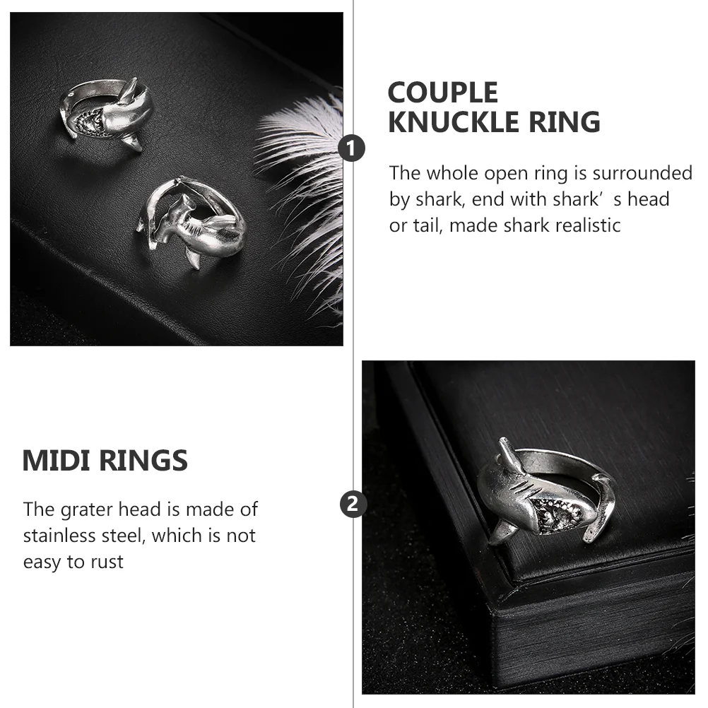 2 Pcs Shark Ring Open Knuckle Circle Rings Thumb Matching Couple Alloy Animal Finger Round Lovers