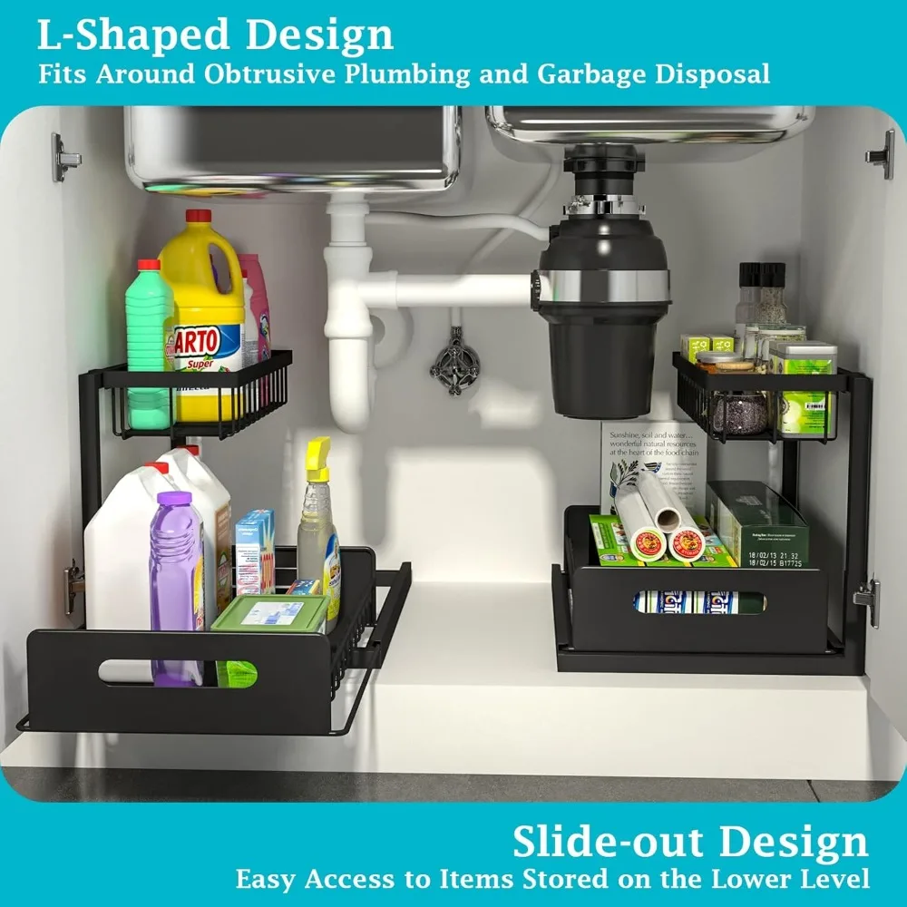 Under Sink Organizer and Storage, 2 Pack Pull Out Cabinet Organizer Slide Out Sink Shelf Cabinet Storage Shelves, Under Sink