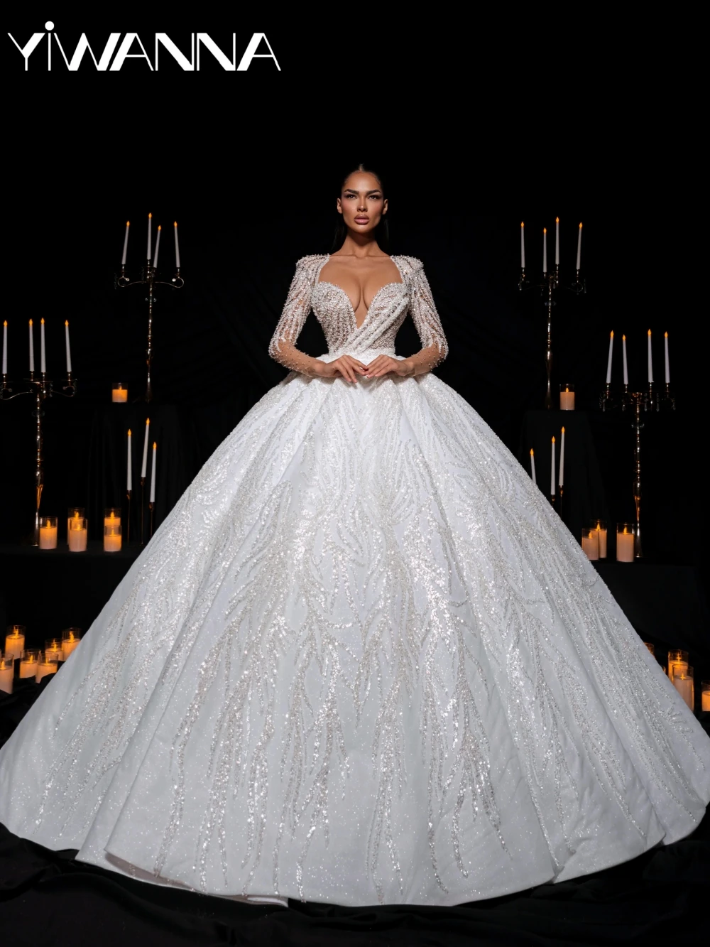

Gorgeous Puff Embroidery Beaded Lace Wedding Dress Deep V-neck Long Sleeve Bridal Gown New Customized Dreamy Dresses For Bride