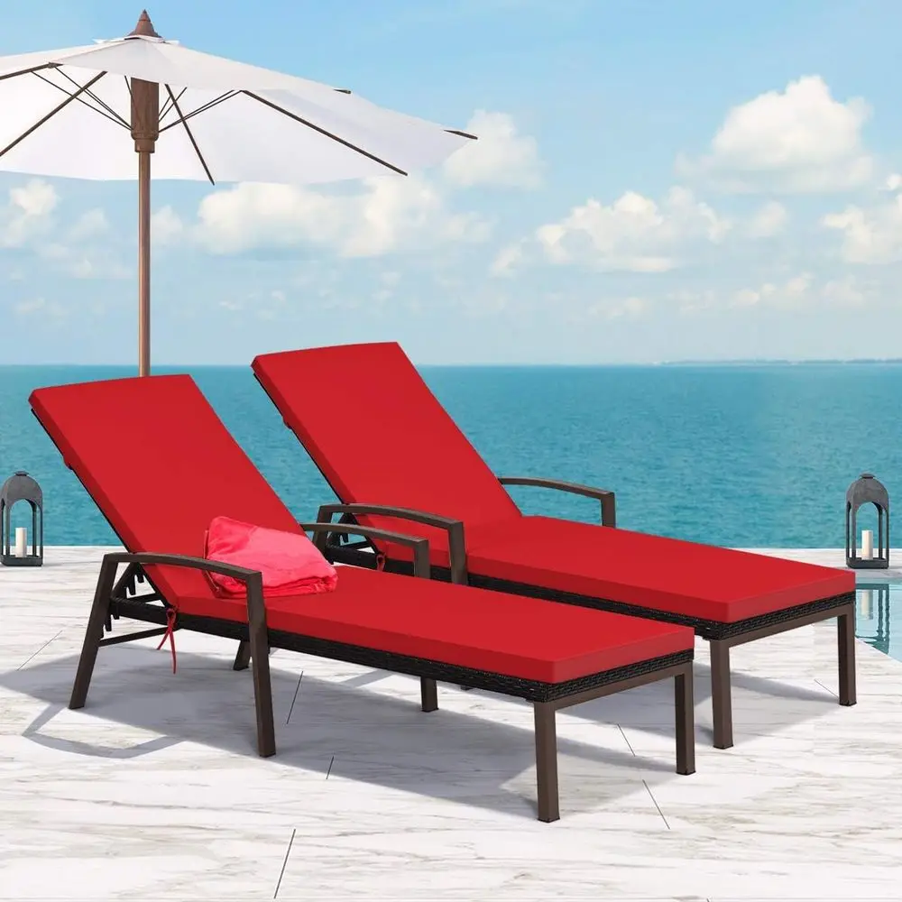 2 PCS Patio Rattan Chaise Lounge Chair, Outdoor Reclining Chaise with Cushion and Armrest, Wicker Sun Lounger with Adjustable Ba