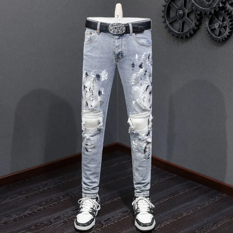 

Fashionable new men's jeans, painted, washed, nostalgic, stretchy, slim fit, retro light blue jeans, high street hip-hop brand d