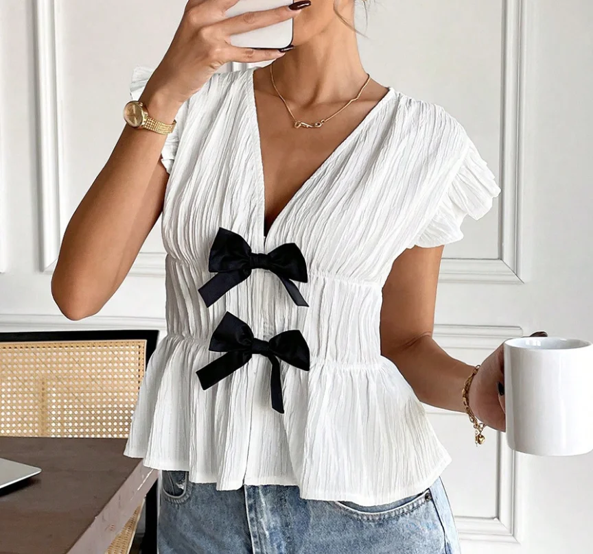 Short Sleeved Shirt Bow Cardigan Shirt for Women