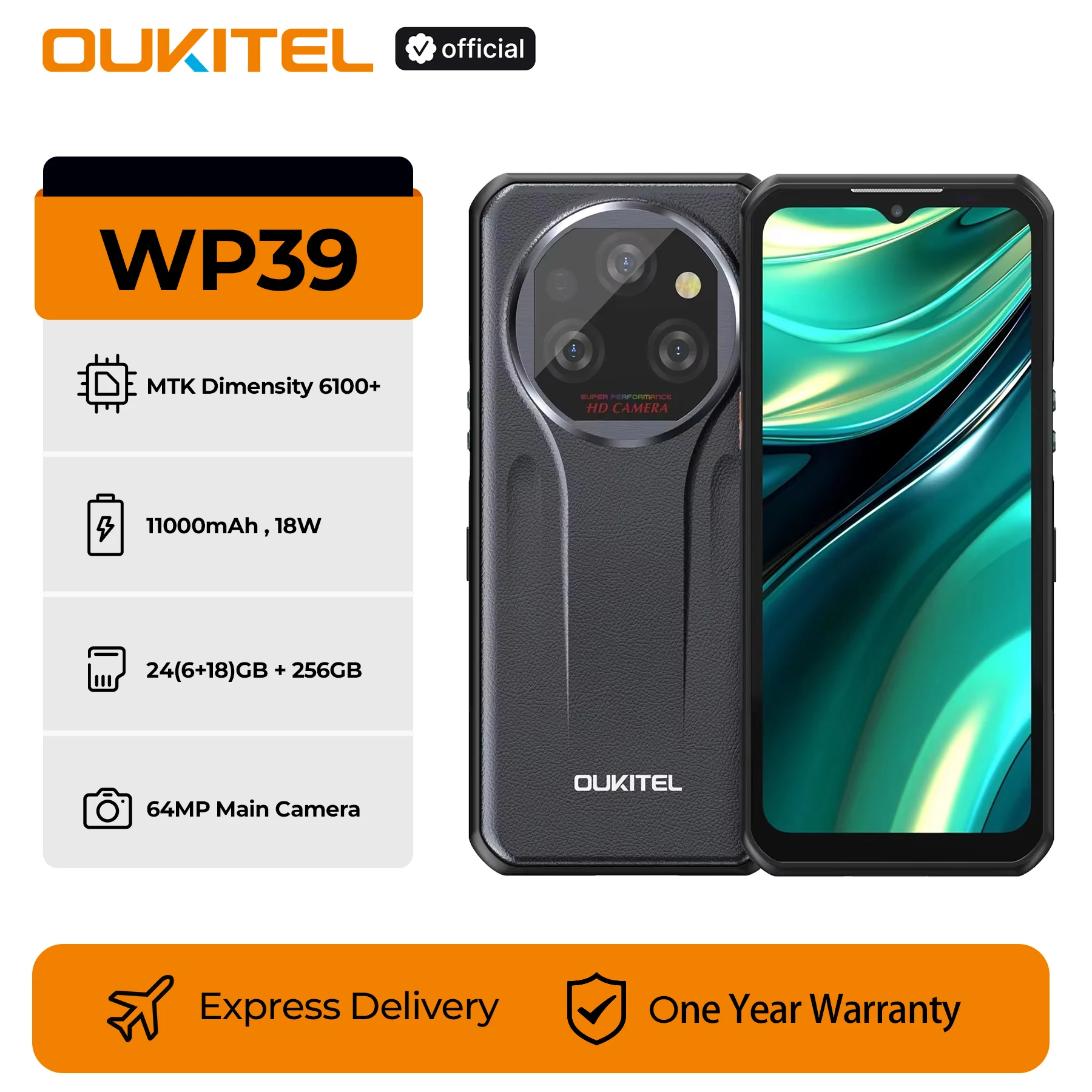 Oukitel WP39 5G Rugged Smartphone 6+18GB 24GB Memory 256GB 6.60"FHD+ Display 64MP Camera 11000mAh Battery Android 14