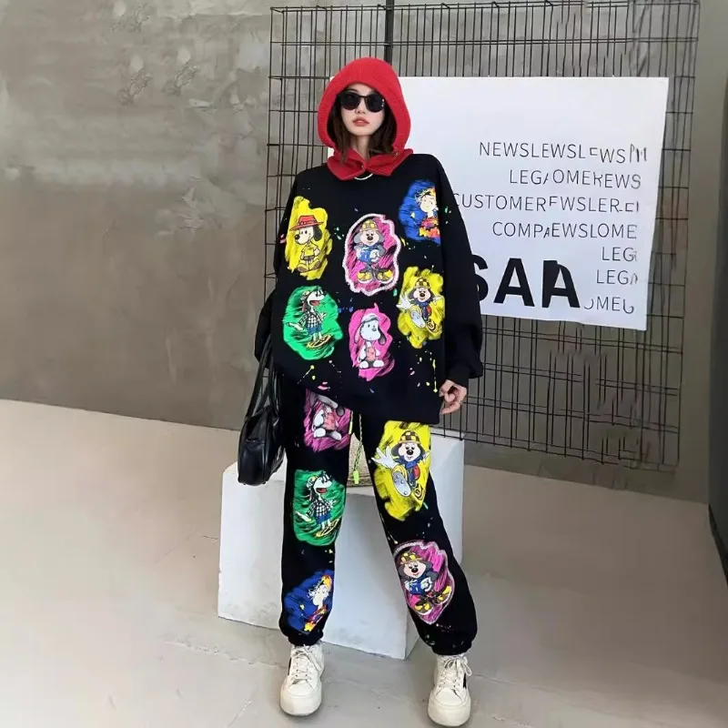 New Age Reduction Heavy Industry Sweatshirt And Sweatpants Outfit Women\'s Sequins Cartoon Printing Leisure Sports Two-piece Sets