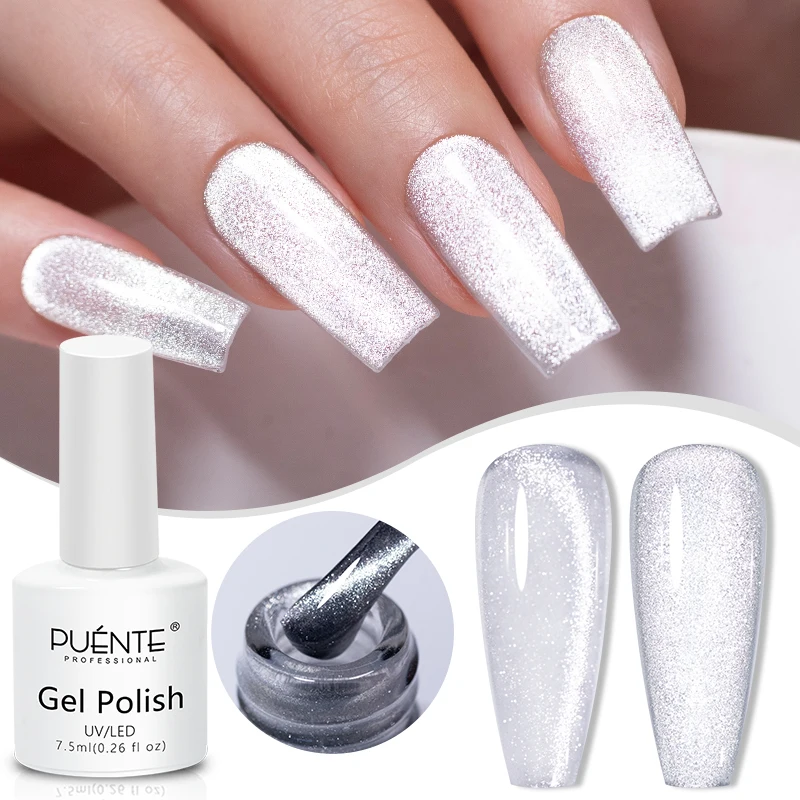 

PUENTE 7.5ML Sparkling White Cat Magnetic Gel Nail Polish Ultra-Bright Cat Eye Soak Off UV Semi-Permanent Nail Varnish Manicure