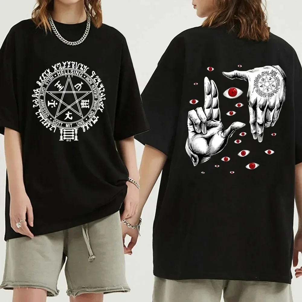 

Retro anime style print T-shirt men's comic Alucard eyes Harajuku 100% cotton T-shirt summer street o-neck short-sleeved top