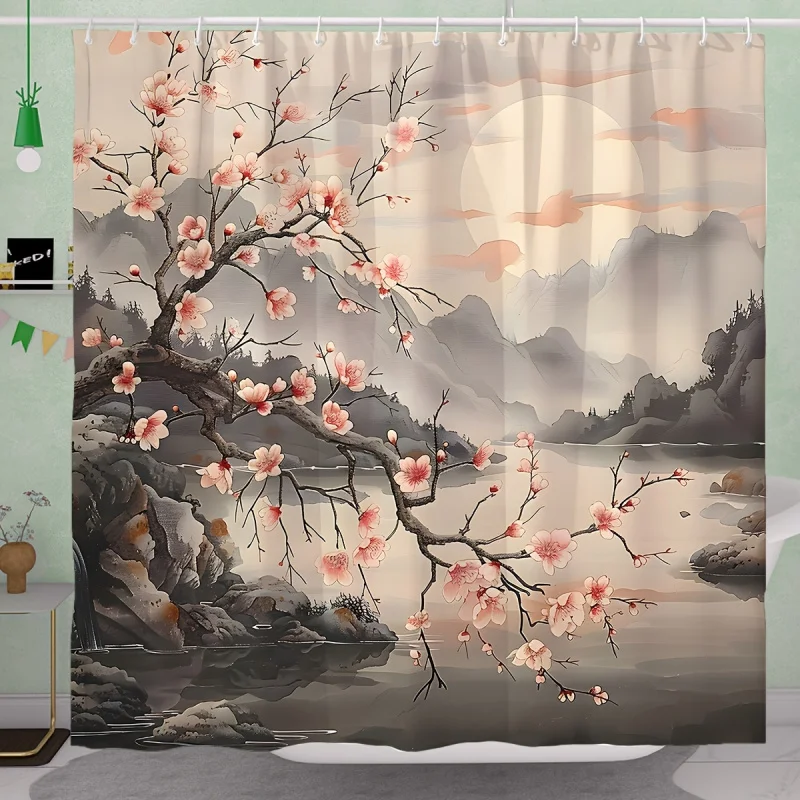 Cherry Blossom & Mountain Scenery Shower Curtain - Waterproof Polyester, Machine Washable with 12 Hooks Included, Pink Taupe Flo