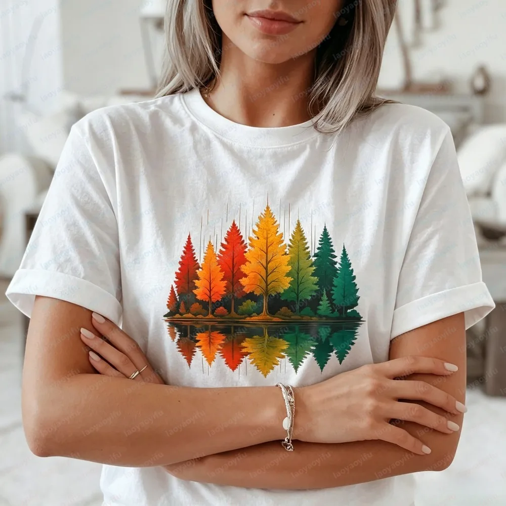 Summer Fashion Women Short Sleeve T Shirt Color Autumn Forest Lake Graphic Cotton Casual Tee Trendy Nature Daily Top For Ladies