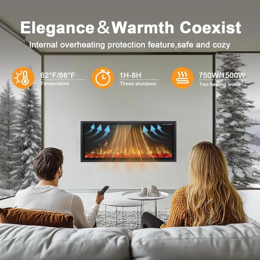 42 مدفأة كهربائية بإطار ألومنيوم ضيق للغاية وتصميم شاشة واسعة لغرف المعيشة الحديثة وغرف النوم المثبتة على الحائط