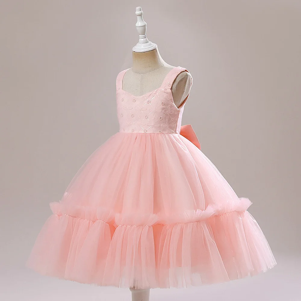 Vestidos en capas de tul con lentejuelas para niños y niñas, traje de fiesta de cumpleaños con lazo de princesa, vestido de boda para niñas