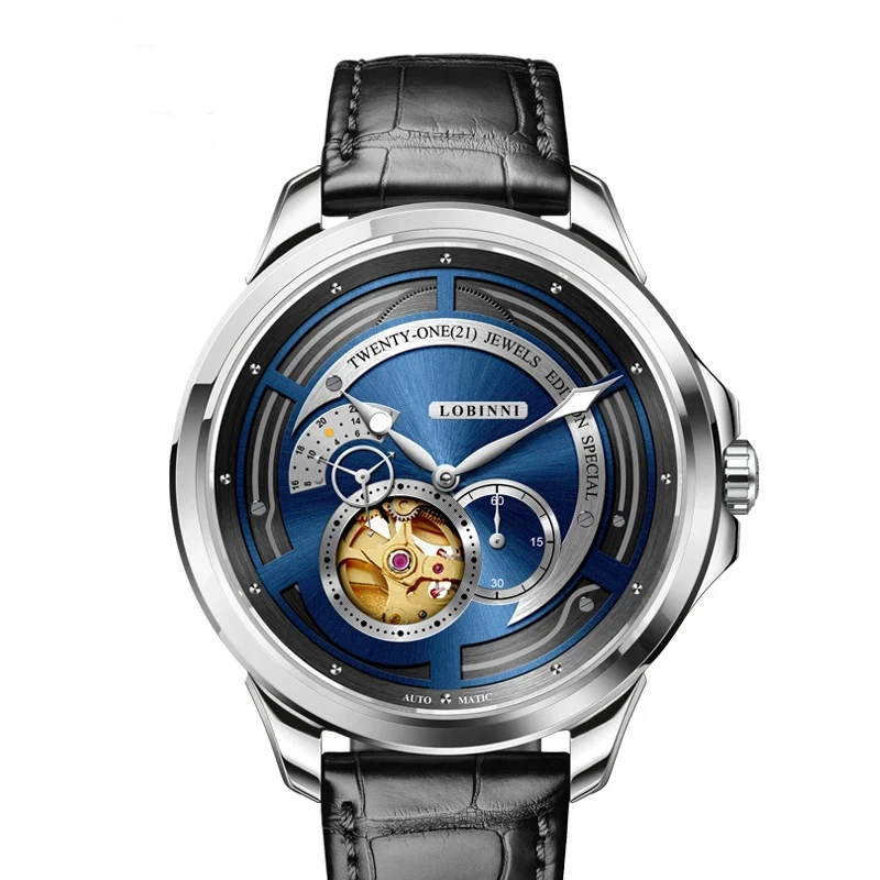 LOBINNI رجال الأعمال التلقائي ساعة اليد الميكانيكية متعددة الوظائف جوفاء دولاب الموازنة ساعة الياقوت الزجاج Waterpoor ساعة
