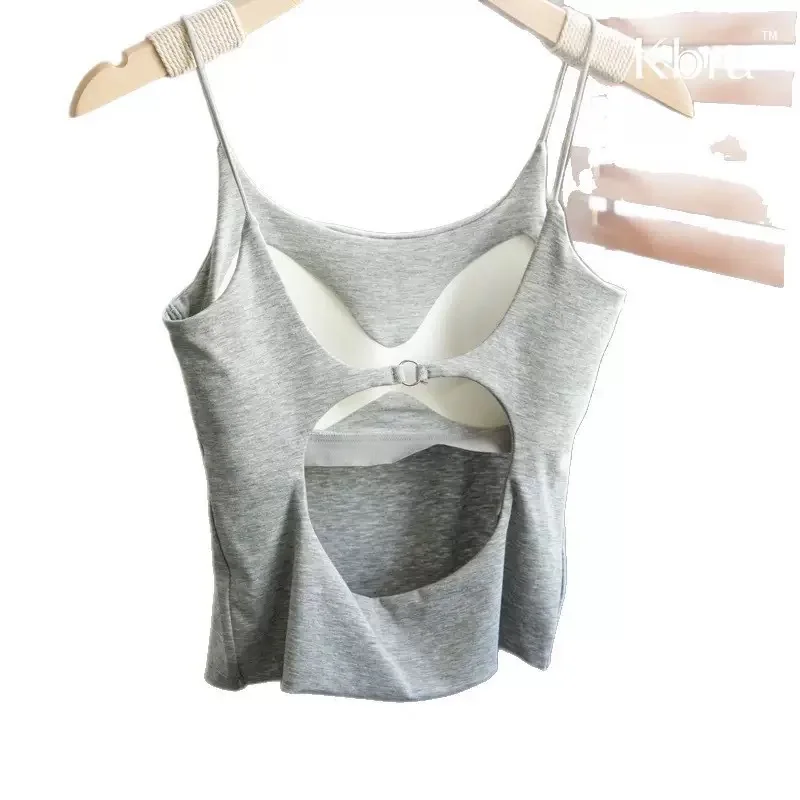 Camisola Sexy de verano con espalda descubierta, diseño recortado de encaje con sujetador incorporado, camisa sin mangas con espalda en U para mujer, cómoda y elegante
