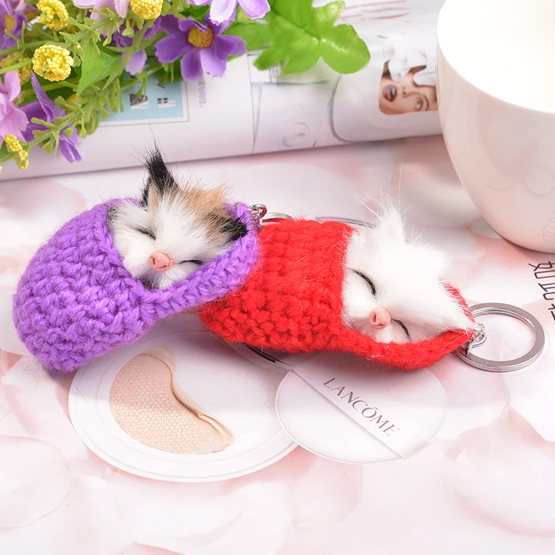 EASYA Handmade Cute Sleeping Cat Pompom Funny Bag Keychain For Women Girls 4 Colors Woven Shoes Faux Rabbit Fur Car Key Rings