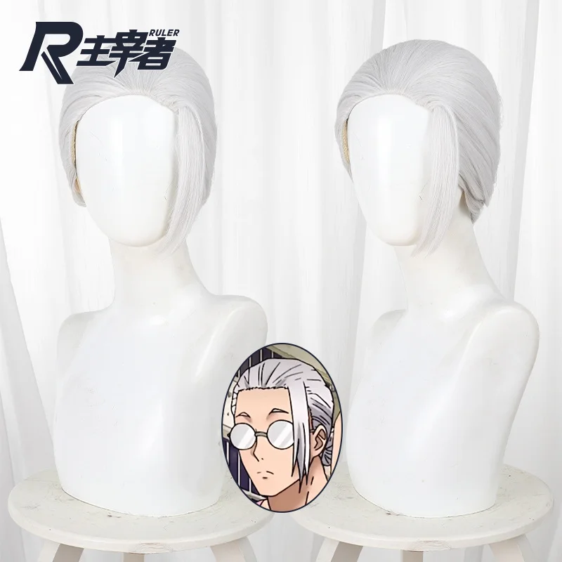 40cm Taro Sakamoto Cosplay Wig Silver Grey Back Bun Layered Heat Resistant Synthetic Hair Men Anime Expo Cosplay Party Accessory