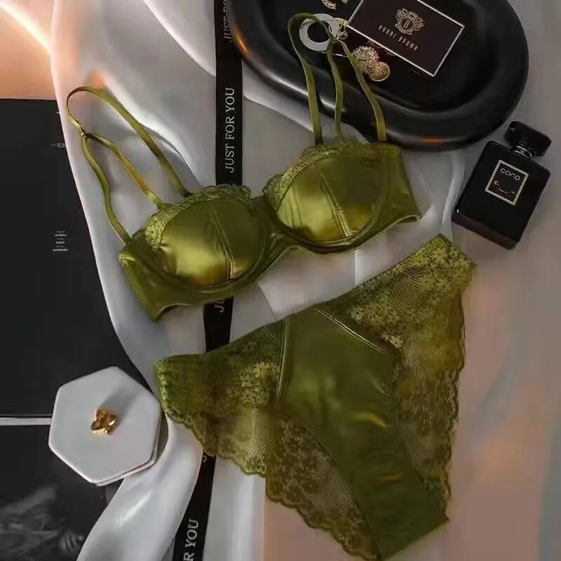 French Style Half Cup Lace Bra Set Underwired Thin Push Up Gather No Empty Cup Small Breast Comfort Sexy Lingerie Set 32-38 S-xl