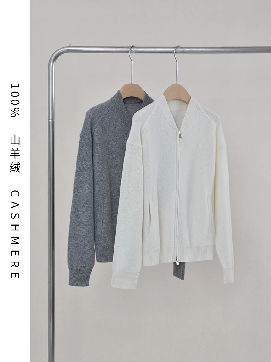 Women's Sweater 2024 New Autumn Winter 100% Cashmere Stand Collar Zipper Solid Color Casual Long Sleeve Pullover