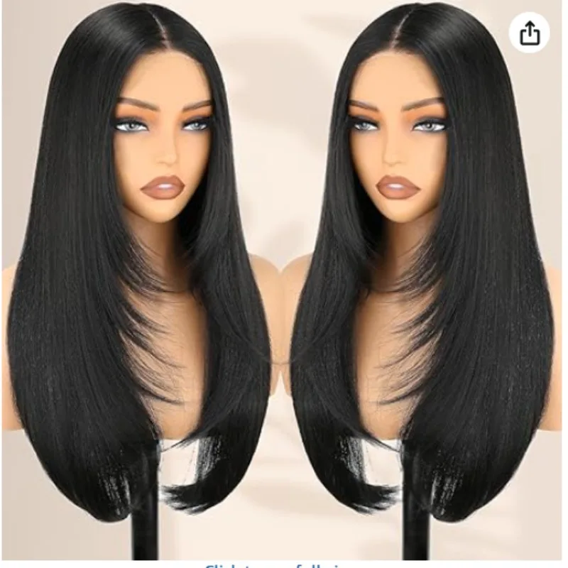 Pruik met synthetische kant, lang recht, met omgedraaide uiteinden, gestreept haar, dames, lijmloos, voorgeplukt, middendeel, hittebestendig