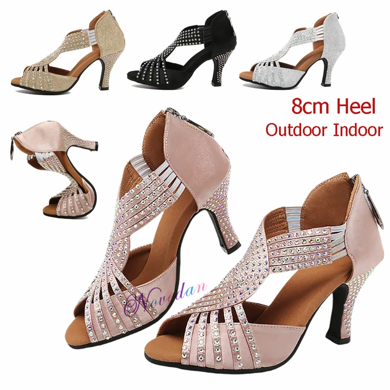 Zapatos de baile latino de satén con diamantes de imitación brillantes para mujer, Sandalias de tacón alto de 8cm para baile de salón, Salsa,