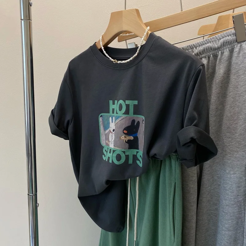 

100% Pure Cotton round Neck Women's T-shirt Fun Cartoon Print Color Block Short Sleeve Korean Style Loose Fit Summer Top