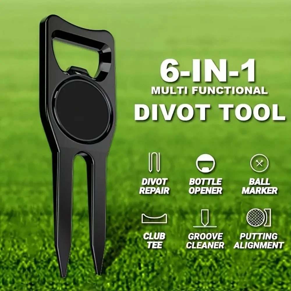 

6-in-1 Golf Ball Fork Multi-functional Magnetic Golf Fork Marker Turf Repair Detachable Golf Groove Cleaner Hat Clips