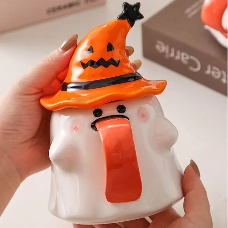 Ceramic Ghost Mug Cup With Lid Spoon Halloween Cute Cartoon Coffee Tea Milk Drinkware Christmas Birthday Gift