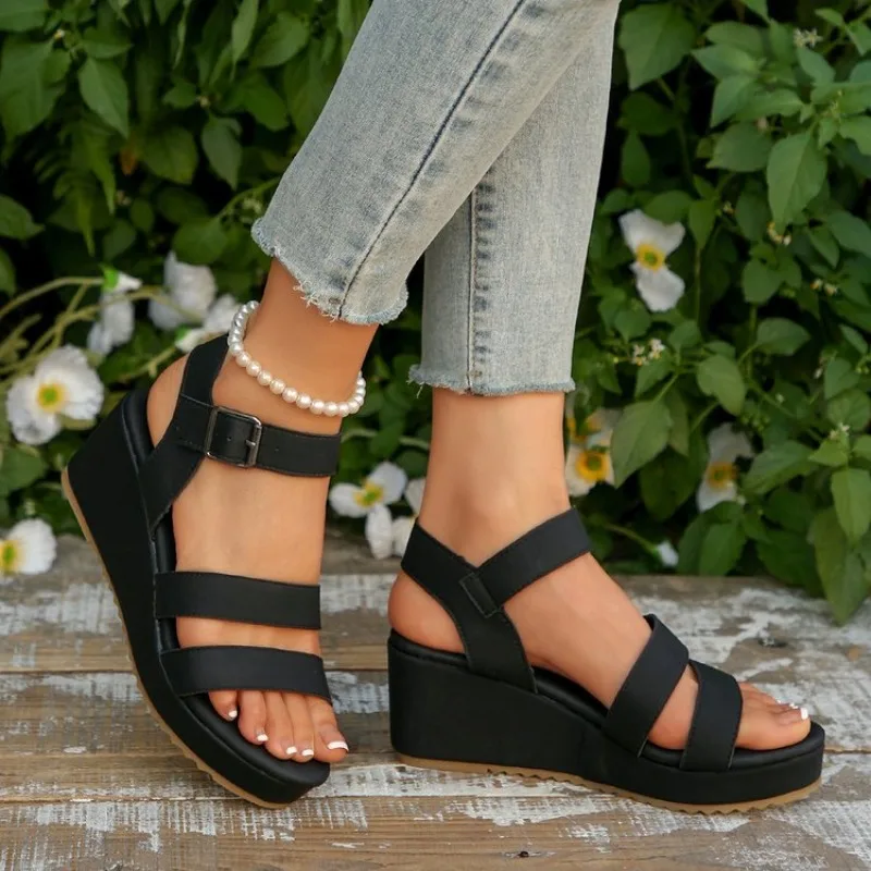 

Summer New Wedge Heel Sandals for Women Open-toe Thick-soled Buckle Roman Sandals Non Slip Beach Shoes for Woman