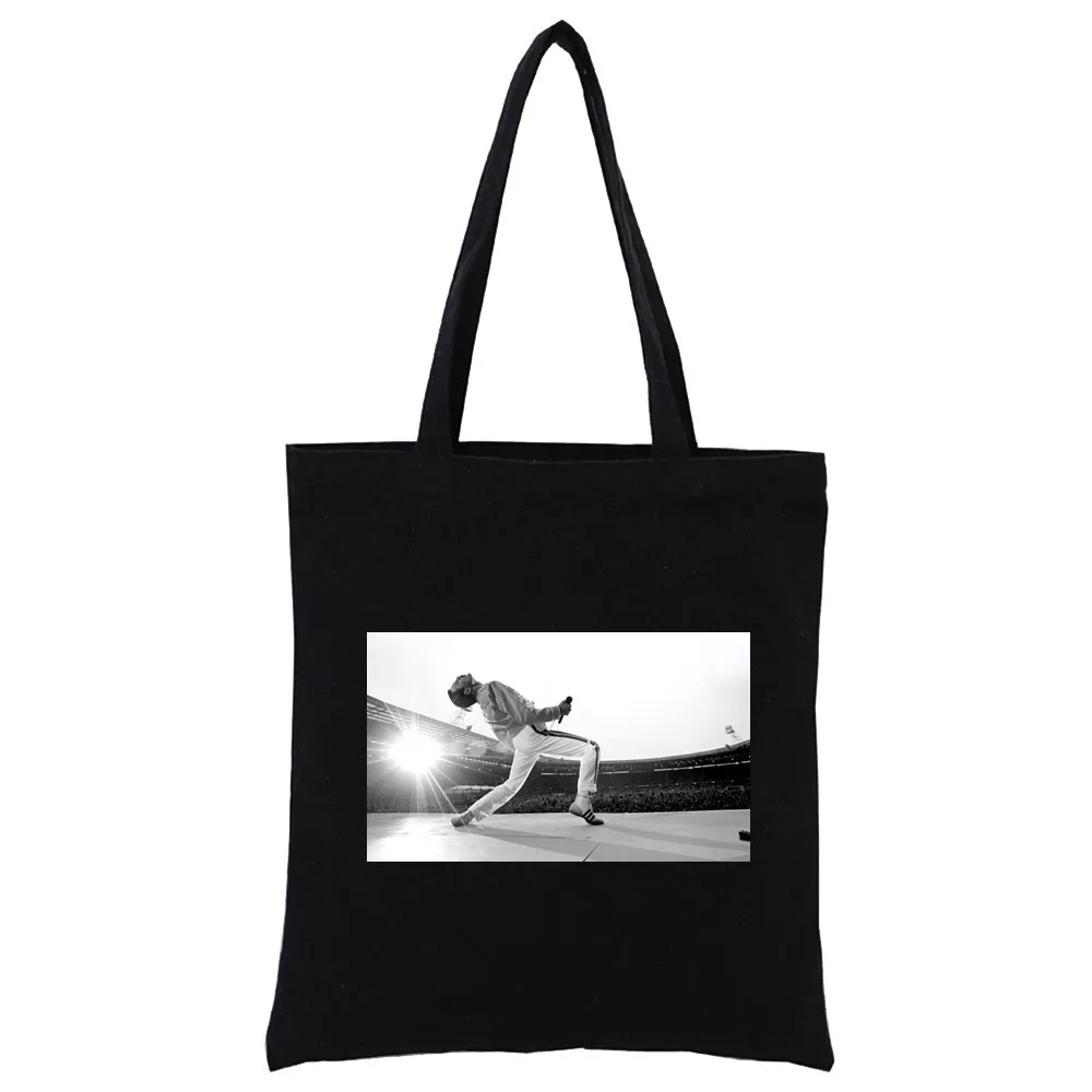 Freddie Mercury The Queen Band Graphic Rock Foldable Reusable Shopper Harajuku Style Bag Black Student Tote Bag Storage Bags