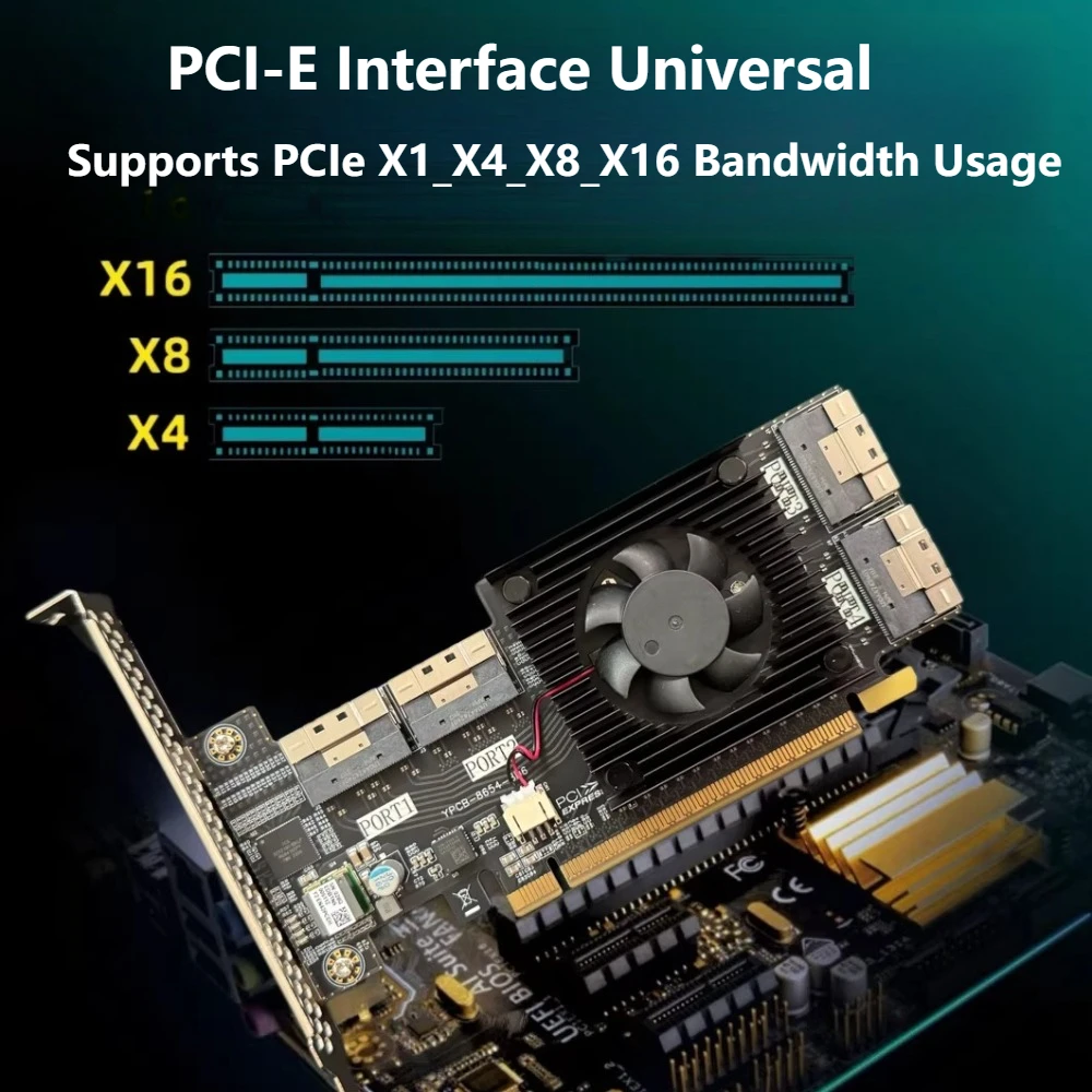 4x SFF-8654 8i Expansion Adapter Card Plx8749 for U2 Hard Disk Network Graphics Supports X1 X4 X8 X16 Split-free Pcie 3.0