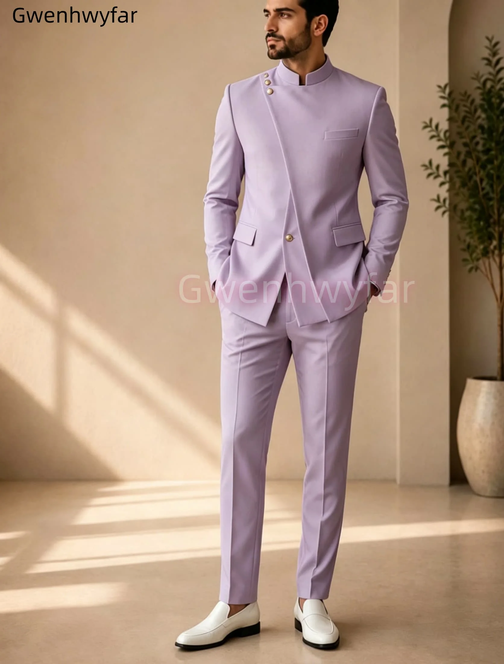Gwenhwyar Neuankömmling Hellgraue Freizeitjacke mit Hose, formeller Business-Büroanzug für Herren, Bräutigam, Hochzeit, Party, Blazer, Hose – Detail 10