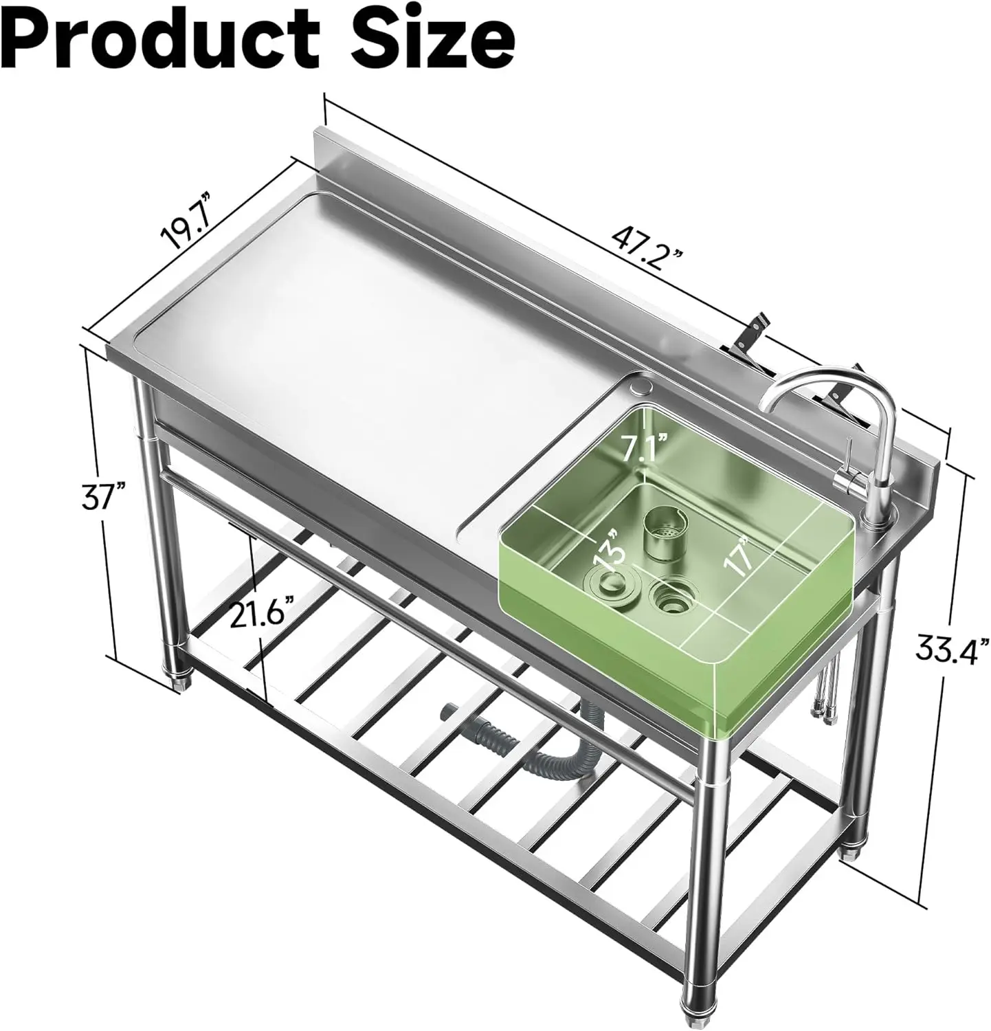 47,2-calowy zlew ze stali nierdzewnej z rurami zimnej i ciepłej wody, wolnostojący zlew ze stołem warsztatowym i miejscem do przechowywania, przenośny