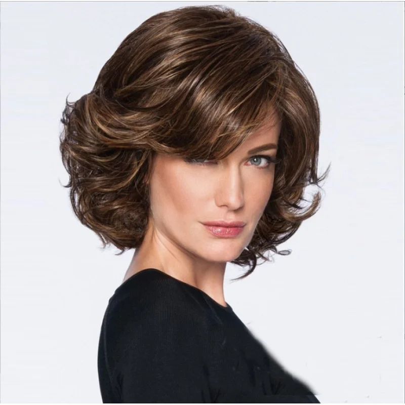 Fashionable short curly with side bangs, African straight hair wig